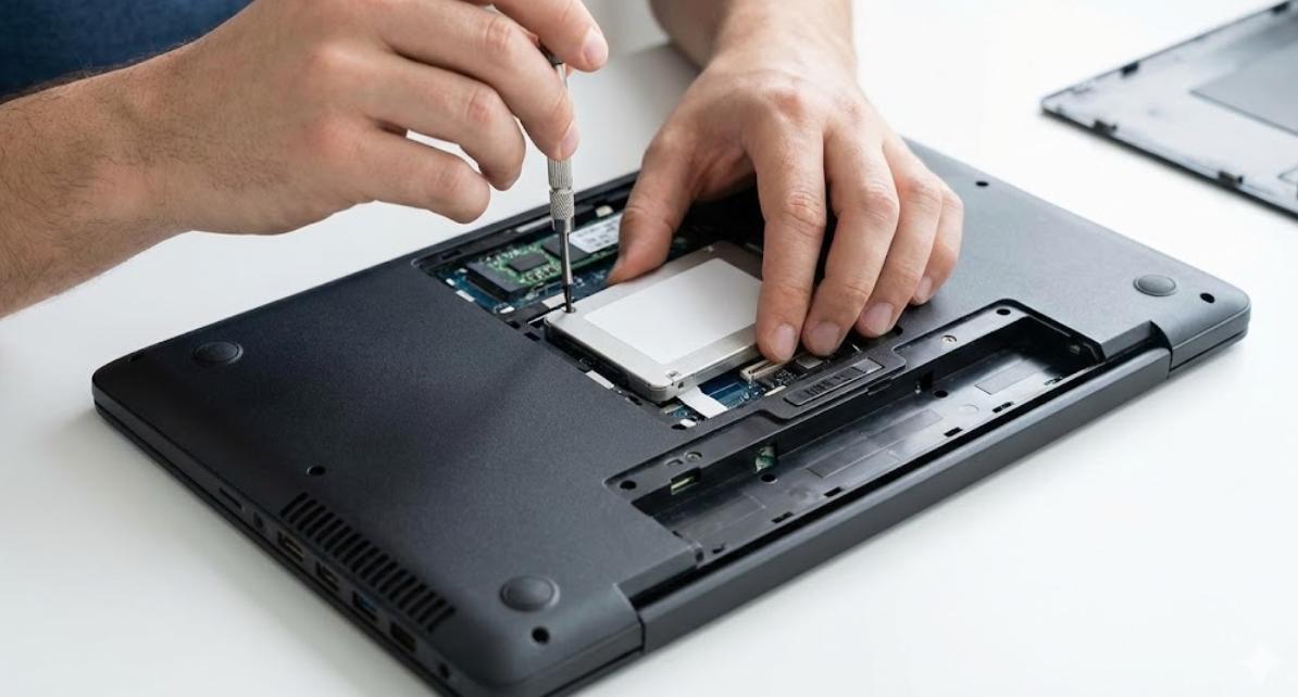 Kỹ thuật viên đang thay ổ cứng SSD cho laptop để tăng tốc độ.